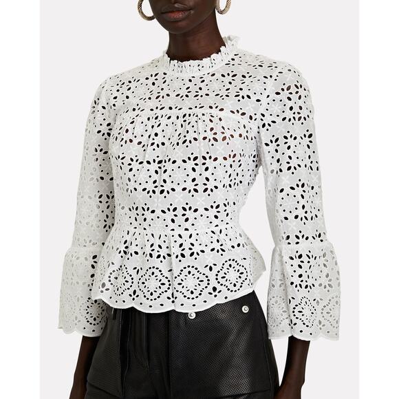 Veronica Beard Emmalyn Eyelet‎ Blouse White Sz 8 Lace Ruffles Flare Sleeves Chic - Picture 1 of 16